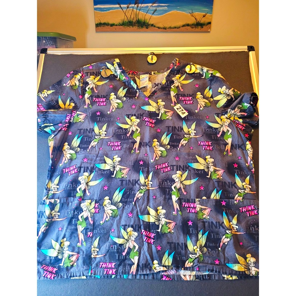 Disney Tinker Bell "Think Tink" Black Scrub Shirt 2X 100% Cotton TE20A817